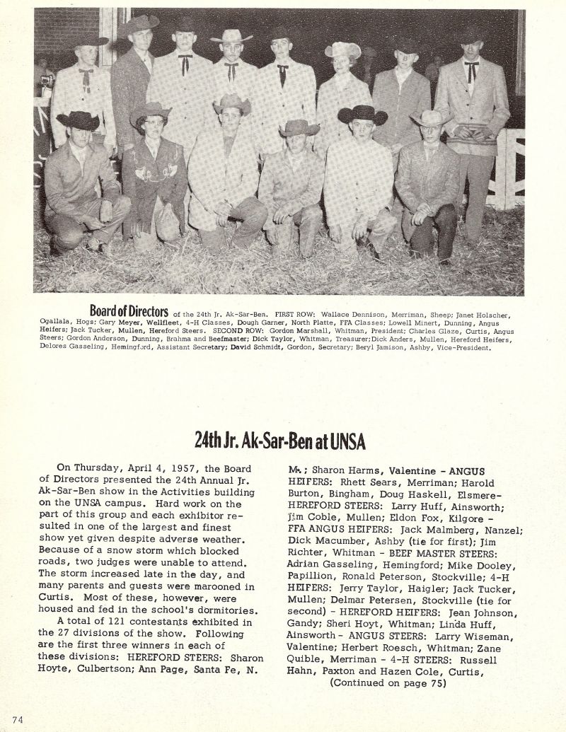1957 Wallace Dennison, Wallace Denison, Janet Holscher, Gary Meyer, Doug Garner, Jack Tucker, Lowell Minert, Gordon Marshall, Charles Glaze, Gordon Anderson, Dick Taylor, Dick Anders, Delores Gasseling, David Schmidt, Beryl Jamison, Sharon Hoyt, Ann Page, Sharon Harms, Rhett Sears, Harold Burton, Doug Haskell, Larry Huff, Jim Coble, Eldon Fox, Jack malmberg, Dick Macumber, Jim Richer, Adrian Gasseling, Mike Dooley, Ronald Peterson, Jerry Taylor, Jack Tucker, Delmar Petersen, Jean Johnson, Sheri Hoyt, Linda Huff, Larry Wiseman, Herbert Roesch, Zane Quible, Russell Hahn, Hazen Cole,    