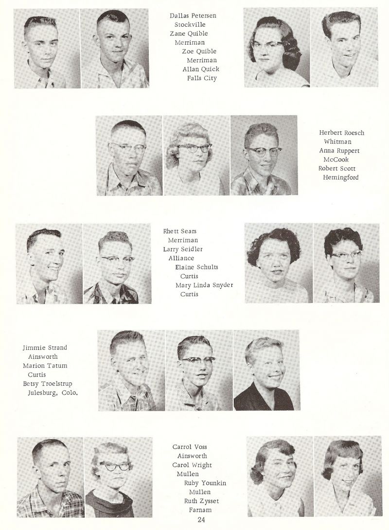 1958 Dallas Petersen, Zane Quible, Zoe Quible, Allan Quick, Herbert Roesch, Anna Ruppert, Robert Scott, Rhett Sears, Larry Seidler, Elaine Schults, Mary Linda Snyder, Jimmie Strand, Marion Tatum, Betsy Troelstrup, Carrol Voss, Carol Wright, Ruby yunkin, Ruth Zysset,