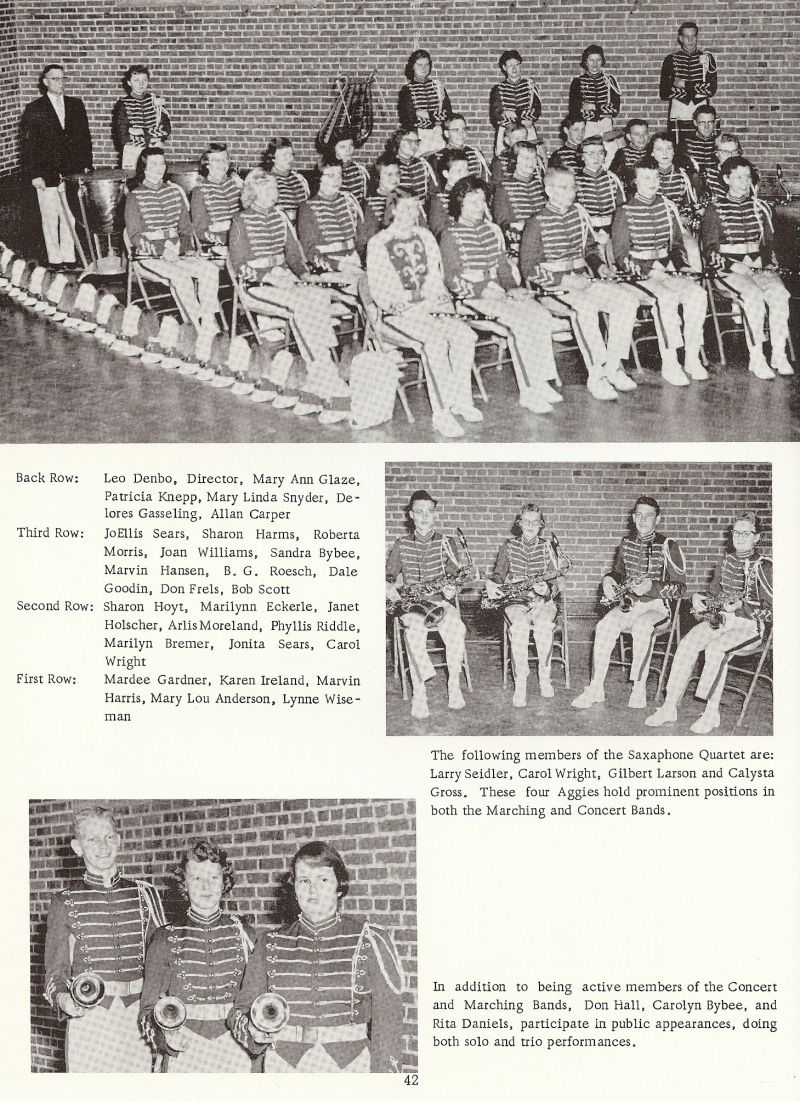 1958 Leo Denbo. Mary Ann Glaze, Patricia Knepp, Mary Linda Snyder, Delores Gasseling, Allan Carper, JoEllis Sears, Sharon Harms, Roberta Morris, Joan Williams, Sandra Bybee, Marvin Hansen, B. G. Roesch, Dale Goodin, Don Frels, Bob Scott, Sharon Hoyt, Marilynn Eckerle, Janet Holscher, Arlis Moreland, Phyllis Riddle, Marilyn Bremer, Jonita Sears, Carol Wright, Mardee Gardner, Karen Ireland, Marvin Harris, Mary Lou Anderson, Lynne Wiseman, Larry Seidler, Carol Wright, Gilbert Larson, Calysta Gross, Don Hall, Carolyn Bybee, Rita Daniels,  