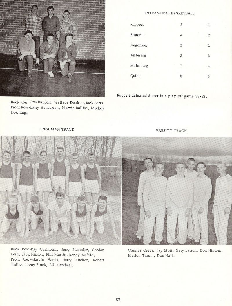 1958 Otis Ruppert, Wallace Denison, Jack Barrs, Larry Henderson, Marvin Bollish, Mickey Downing, Ray Carlholm, Jerry Bachelor, Gordon Lord, Jack Hinton, Phil Martin, Randy Rosfeld, Marvin Harris, Jerry Tucker, Robert Keller, Leroy Flock, Bill Satchell, Charles Crees, Jay Mott, Gary Larson, Don Hinton, Marion Tatum, Don Hall, Ruppert, Storer, Jorgenson, Anderson, Malmberg, Quinn,