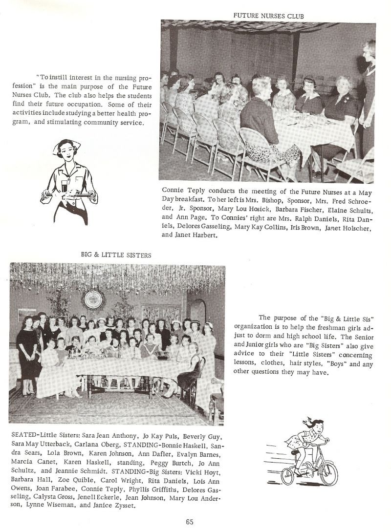 1958 Connie Teply, Mary Bishop. Schroeder. Mary Lou Hosick, Barbara Fischer, Elaine Schults, Ann Page, Daniels, Rita Daniels, Delores Gasseling, Mary Kay Collins, Iris Brown, Janet Holscher, Janet Harbert, Sara Jean Anthony, Jo Kay Puls, Beverly Guy, Sara May Utterback, Carlana Oberg, Bonnie Haskell, Sandra Sears, Lola Brown, Karen Johnson, Ann Dafler, Evalyn Barnes, Marcia Canet, Karen Haskell, Peggy Burtch, Jo Ann Schultz, Jeannie Schmidt, Vickie Hoyt, Barbara Hall, Zoe Quible, Carol Wright, Rita Daniels, Lois Ann Owens, Joan Farabee, Connie Teply, Phyllis Griffiths, Delores Gassling, Calysta Gross, Janell Eckerle, Jean Johnson, Mary Lou Anderson, Lynne Wiseman, Janice Zysset,