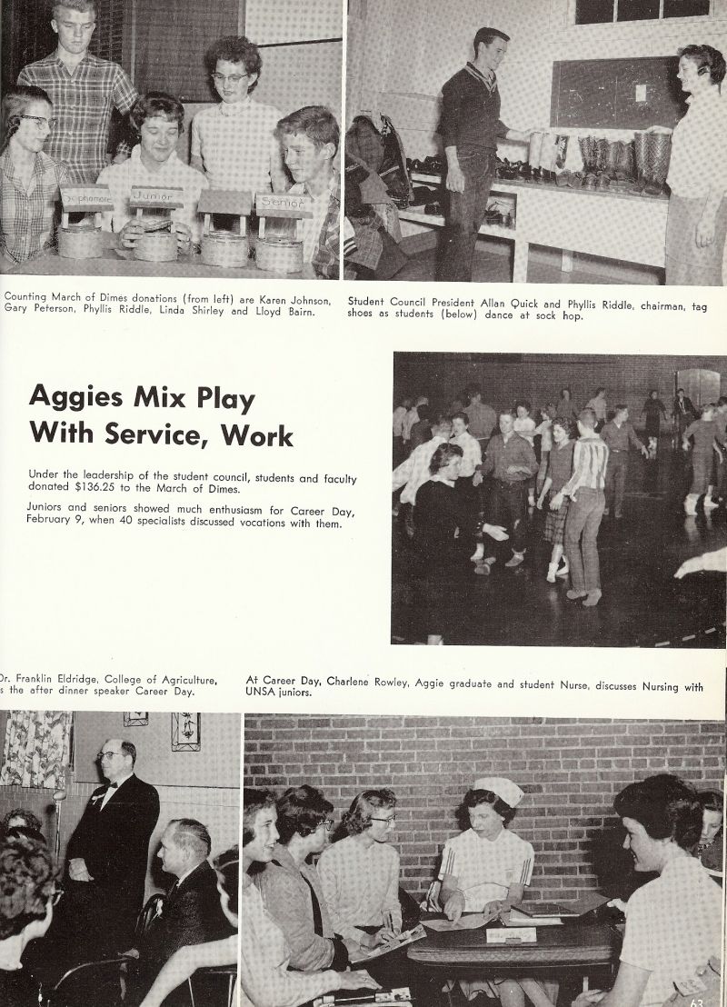 1959 Karen Johnson, Gary Peterson, Phyllis Riddle, Linda Shirley, Lloyd Bairn, Allan Quick, Phyllis Riddle, Dr. Franklin Eldridge.  