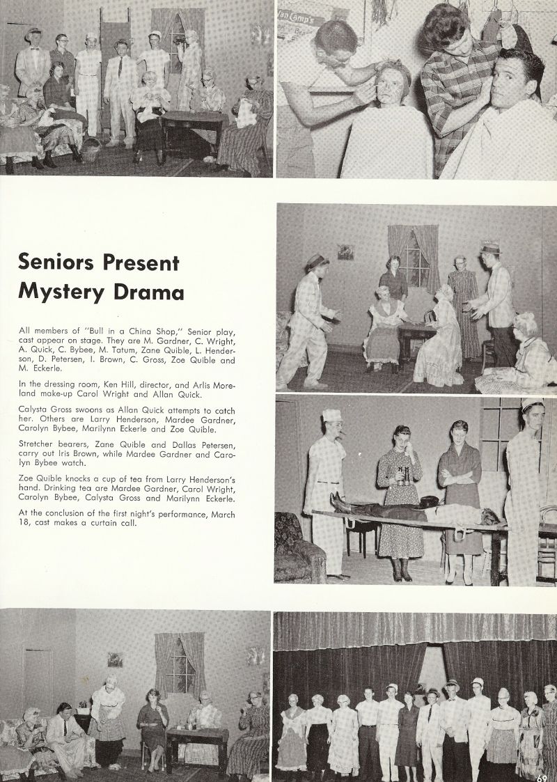 1959 Mardee Gardner, Carol Wright, Allan Quick, Carolyn Bybee, Tatum, Zane Quible, Larry Henderson, Dallas Petersen, Iris Brown, Calysta Gross, Zoe Quible, Marilynn Eckerle, Ken Hill, Arlis Moreland, 