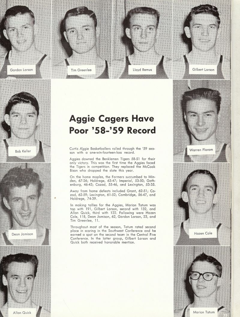 1959 Gordon Larson, Tim Greenlee, Lloyd Remus, Gilbert Larson, Bob Keller, Robert Keller, Warren Florom, Hazen Cole, Dean Jamison, Allan Quick, Marion Tatum,  