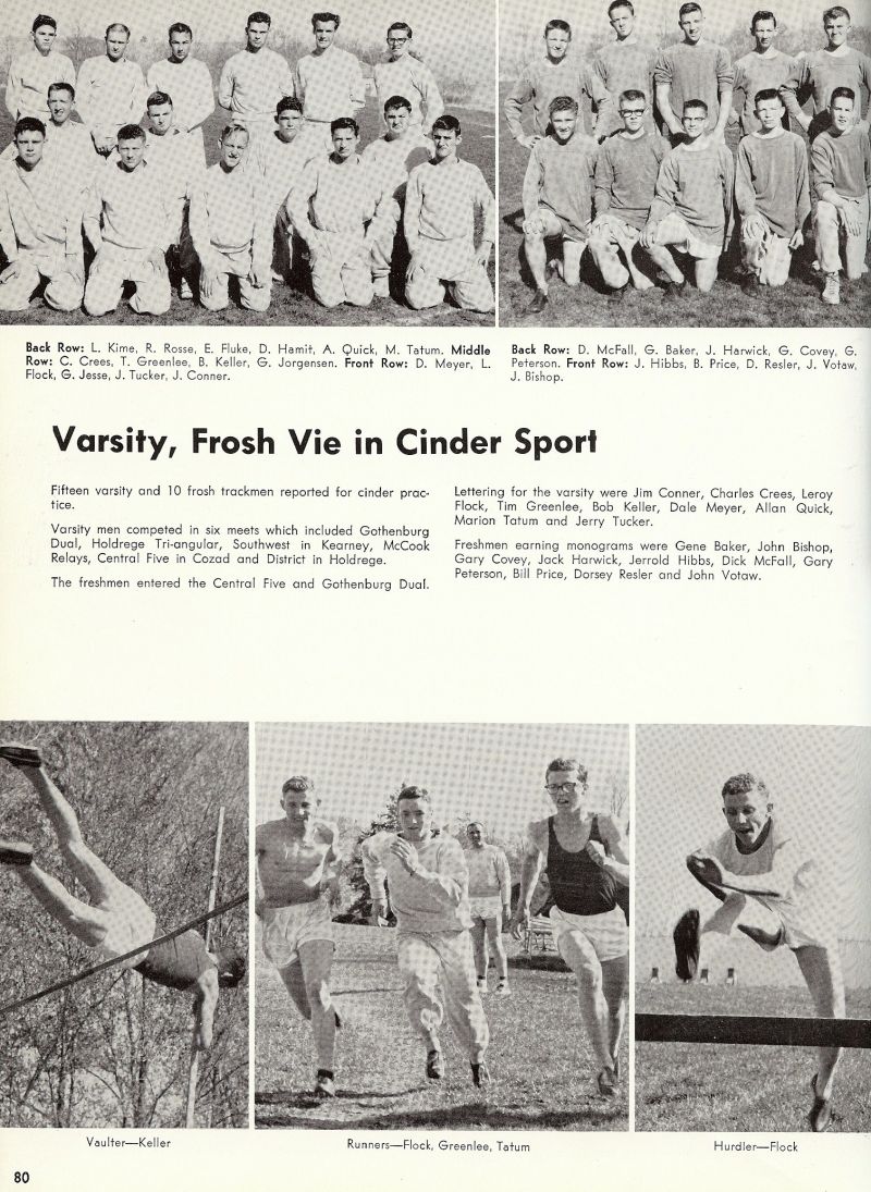 1959 Kime, Rosse, Fluke, Dwain Hamit, Allan Quick, Marion Tatum, Crees, Tim Greenlee, Bob Keller, Jorgensen, Dale Meyer, Leroy Flock, Jesse, Jerry Tucker, Jim Conner, Dick McFall, Richard McFall, Gene Baker, Jack Harwick, Covey, Gary Peterson, Hibbs, Price Resler, Votaw, John Bishop, Charles Crees, Gary Covey, Bill Price, Dorsey Resler, John Votaw,