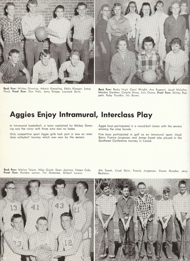 1959 Mickey Downing, Adrain Gasseling, Eddie Klaeger, Leroy Flock, Don Frels, Jerry Knepp, Leonard Bairn, Becky Hoyt, Carol Wright, Ann Ruppert, Janet Holscher, Mardee Gardner, Calysta Gross, Lois Owens, Shirly Ruppert, Ruby Younkin, Iris Brown, Lloyd Bairn, Francis Jorgensen, James Sweet, Jim Sweet, Duane Gooden, Jerry Bachelor, Marion Tatum, Allan Quick, Dean Jamison, Hazen Cole, Gordon Larson, Tim Greenlee, Gilbert Larson,