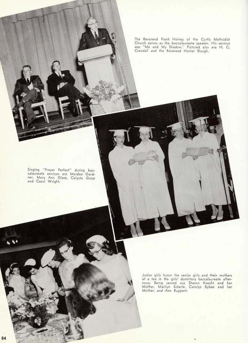 1959 Reverend Frank Hainey, H. C. Crandall, Horace Crandall, Reverend Homer Blough, Mardee Gardner, Mary Ann Glaze, Calysta Gross, Carol Wright, Sharon Knecht, Marilyn Eckerle, Carolyn Bybee, Ann Ruppert, 