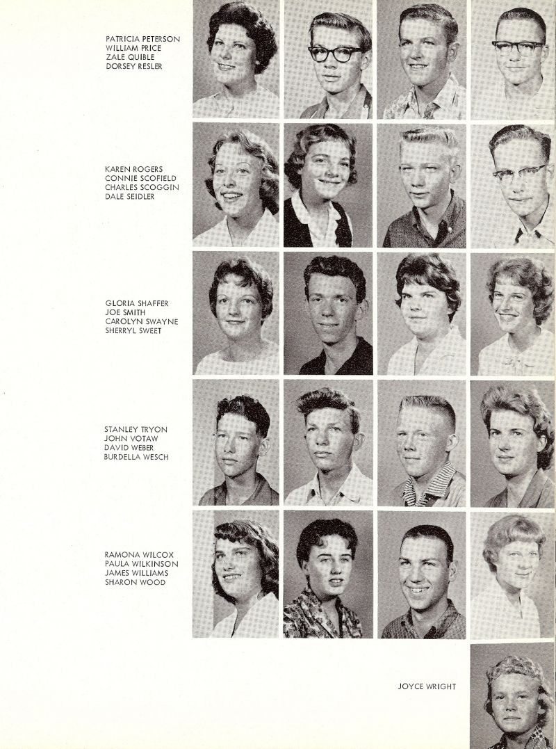 1961 Patricia Peterson, William Price, Zale Quible, Dorsey Resler, Karen Rogers, Connie Scofield, Charles Scoggin, Dale Seidler, Gloria Shaffer, Joe Smith, Carolyn Swayne, Sherryl Sweet, Stanly Tryon, Stan Tryon, John Votaw, Burdell Wesch, Ramona Wilcox, Paula Wilkinson, James Williams, Sharon Wood, Joyce Wright,