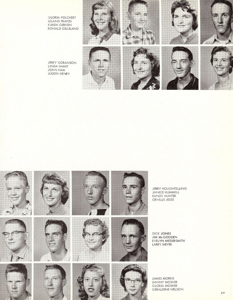 1961 Gloria Folchert, Leland Frakes, Karen Gerken, Ronald Gilliland, Ron Gilliland, Jerry Goranson, Linda Hamit, John Ham, Judith Henry, Judy Henry, Jerry Houghtelling, Janice Hummell, Randy Hunter, Orville Jesse, Dick Jones, Jim McGooden, Evelyn Messersmith, Larry Meyer, James Morris, Danny Mosher, Gloria Mosher, Geraldine Nelsen,  
