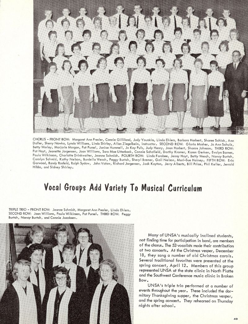 1961 Margaret Ann Presler, Connie Gilliland, Judy Younkin, Linda Ehlers, Barbara Harbert, Sharee Schick, Ann Dafler, Sherry Nowka, Lynda Williams, Linda Shirley, Allan Ziegelbein. Gloria Mosher, Jo Ann Schulz, Betty Worley, Marjorie Morgan, Pat Pursel, Janice Hummell, Jo Kay Puls, Judy Henry, Joan Harbert, Sharon Johnson, Pat Hoyt, Jeanette Jorgensen, Joan Williams, Sara Mae Utterback, Connie Scofield, Dorthy Kramer, Karen Gerken, Evalyn Barnes, Paula Wilkinson, Charlotte Drinkwalter, Jeanne Schmidt, Linda Farabee, Jenny Hoyt, Betty Wesch, Nancy Burtch, Carolyn Schmid, Kathy Nelson, Burdella Wesch, Peggy Burtch, Sheryl Bremer, Gail Nelson, Mari-Sue Hainey, Eric Garwood, Randy Rosfeld, Ralph Sydow, John Votaw, Richard Jorgensen, Jack Kayton, Jerry Alberts, Bill Price, Phil Keller, Jerrold Hibbs, Sidney Shirley, Triple Trio: Jeanne Schmidt, Margaret Ann Presler, Linda Ehlers, Joan Williams, Paula Wilkinson, Pat Pursel, Peggy Burtch, Connie Jacobsen,
