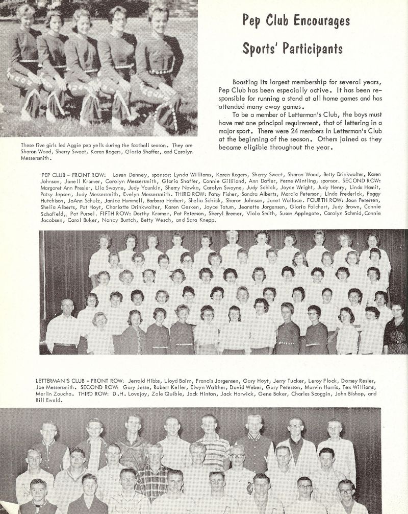 1961 Sharon Wood, Sherry Sweet, Karen Rogers, Gloria Shaffer, Carolyn Messersmith, Loren Denny. Lynda Williams, Karen Rogers, Sherry Sweet, Sharon Wood, Betty Drinkwalter, Karen Johnson, Janell Kramer, Carolyn Messersmith, Gloria Shaffer, Connie Gilliland, Ann Dafler, Ferne Mintling. Margaret Ann Presler, Lila Swayne, Judy Younkin, Sherry Nowka, Carolyn Swayne, Judy Schick, Joyce Wright, Judy Henry, Linda Hamit, Patsy Jepsen, Judy Messersmith, Evelyn Messersmith, Patsy Fisher, Sandra Alberts, Marcia Peterson, Linda Frederick, Peggy Hutchison, JoAnn Schulz, Janice Hummell, Barbara Harbert, Shelia Schick, Sharon Johnson, Janet Wallace, Joan Petersen, Shelia Alberts, Pat Hoyt, Charlotte Drinkwalter, Karen Gerken, Joyce Tatum, Jeanette Jorgensen, Gloria Folchert, Judy Brown, Connie Scofield, Pat Pursel, Dorthy Kramer, Pat Peterson, Sheryl Bremer, Viola Smith, Susan Applegate, Carolyn Schmid, Connie Jacobsen, Carol Buker, Nancy Burtch, Betty Sesch, Sara Knepp, Letterman's Club: Jerrold Hibbs, Lloyd Bairn, Francis Jorgensen, Gary Hoyt, Jerry Tucker, Leroy Flock, Dorsey Resler, Joe Messersmith, Gary Jesse, Robert Keller, Elwyn Walther, David Weber, Gary Peterson, Marvin Harris, Tex Williams, Mert Zoucha, DH Lovejoy, Zale Quible, Jack Hinton, Jack Harwick, Gene Baker, Charles Scoggin, John Bishop, Bill Ewald,  