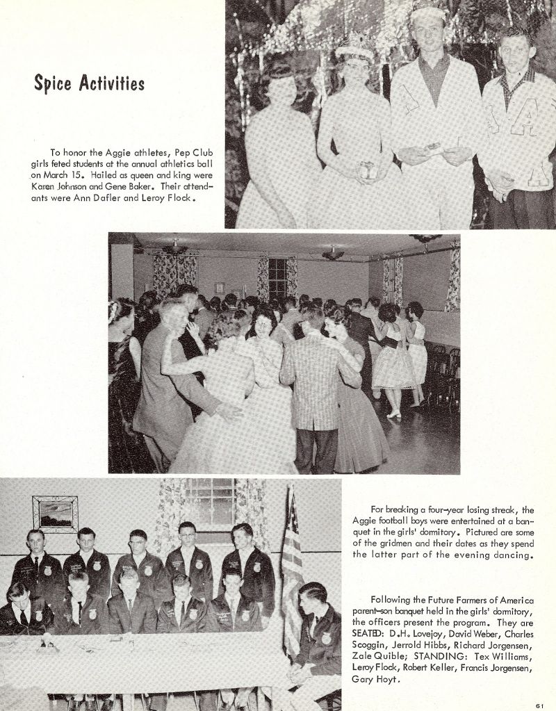 1961 Karen Johnson, Gene Baker, Ann Dafler, Leroy Flock, DH Lovejoy, David Weber, Charles Scoggin, Jerrold Hibbs, Richard Jorgensen, Zale Quible, Tex Williams, Leroy Flock, Robert Keller, Francis Jorgensen, Gary Hoyt,