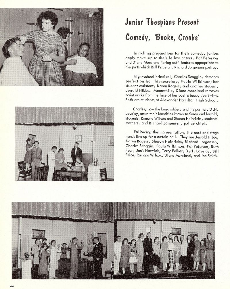 1961 Pat Peterson, Diane Moreland, Bill Price, Richard Jorgensen, Charles Scoggin, Paula Wlkinson, Karen Rogers, Jerrold Hibbs, Joe Smith, DH Lovejoy, Romona Wilcox, Sharon Heinrichs, Jerrold Hibbs, Karen Rogers, Sharon Heinrichs, Richard Jorgensen, Ruth Fear, Jack Harwick, Terry Felker, Ramona Wilcox, 