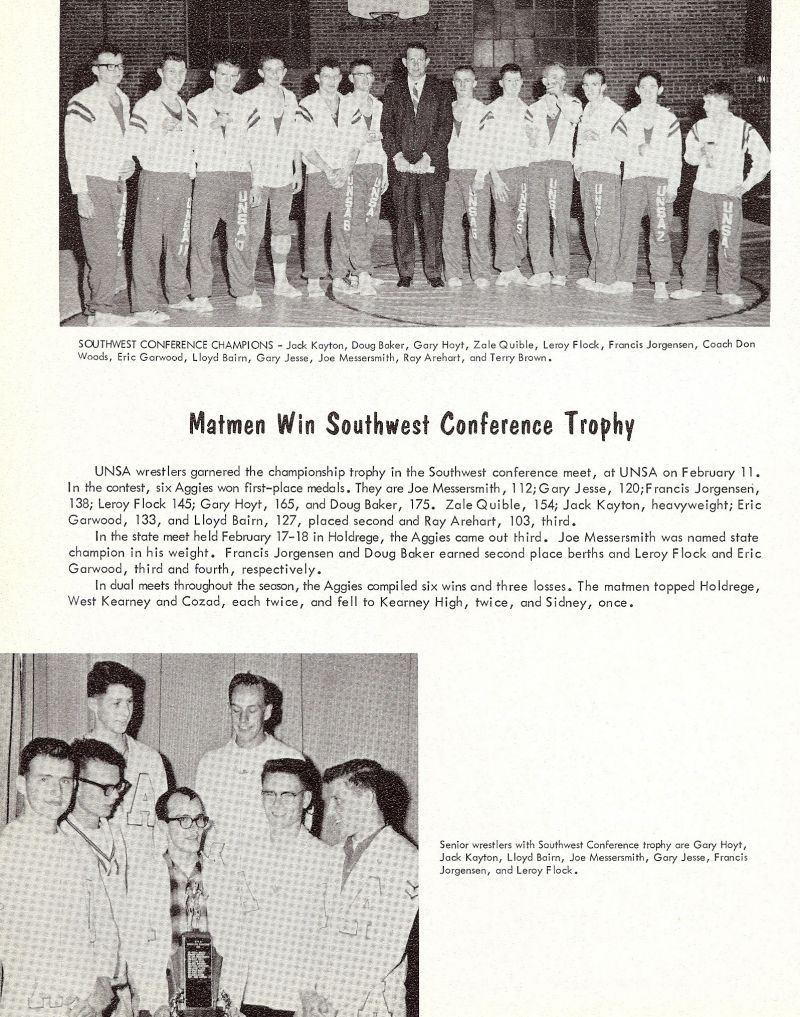 1961 Jack Kayton, Doug Baker, Gary Hoyt, Zale Quible, Leroy Flock, Francis Jorgensen, Coach Don Woods, Eric Garwood, Lloyd Bairn, Gary Jesse, Joe Messersmith, Ray Arehart, Terry Brown, 