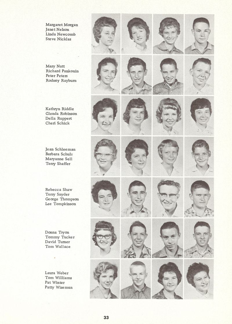 1962 Margaret Morgan, Janet Nelson, Linda Newcomb, Steve Nicklas, Mary Nutt, Richard Pankonin, Peter Peters, Pete Peters, Rodney Rayburn, Kathryn Riddle, Kathy Riddle, Glenda Robinson, Della Ruppert, Cheri Schick, Jean Schleeman, Barbara Schulz, Maryanne Sell, Terry Shaffer, Rebecca Shaw, Terry Snyder, George Thompson, Lee Tompkinson, Donna Tryon, Tommy Tucker, David Turner, Tom Wallace, Laura Weber, Tom Williams, Tom Brewer, Pat Winter, Patty Wiseman,