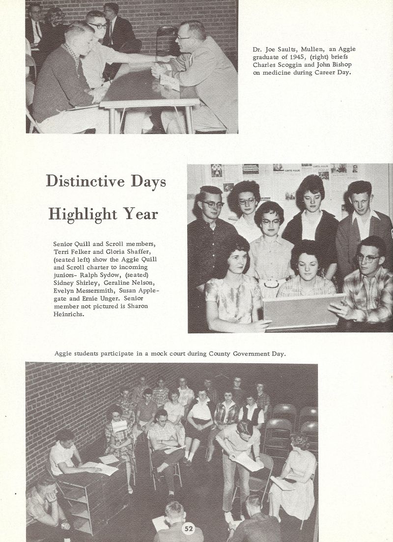 1962 Dr. Joe Saults. Charles Scoggin, John Bishop, Terri Felker, Gloria Shaffer, Ralph Sydow, Sidney Shirley, Geraline Nelson, Evelyn Messersmith, Susan Applegate, Ernie Unger. Sharon Heinrichs,