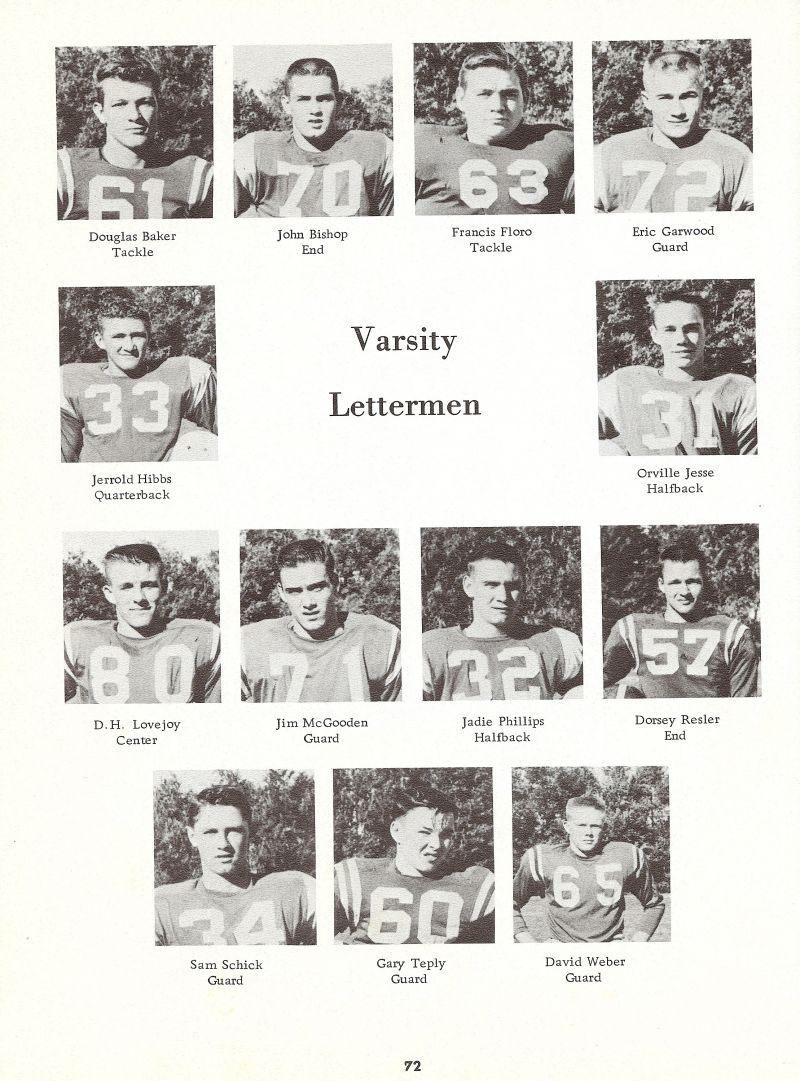 1962 Douglas Baker, Doug Baker, John Bishop, Francis Floro, Eric Garwood, Jerrold Hibbs, Orville Jesse, DH Lovejoy, Jim McGooden, Jadie Phillips, Dorsey Resler, Sam Schick, Gary Teply, David Weber, 