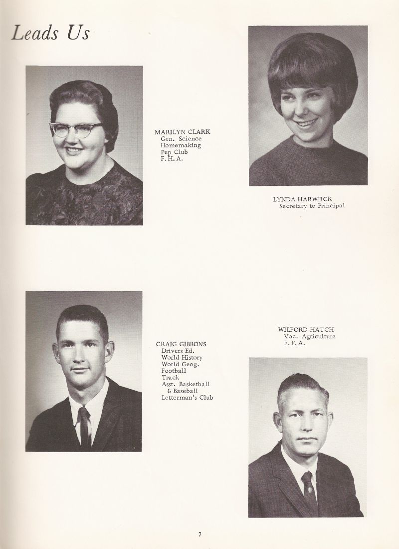 1967 Marilyn Clark. Lynda Harwick. Lynda Harwick. Craig Gibbons. Wilford Hatch. 