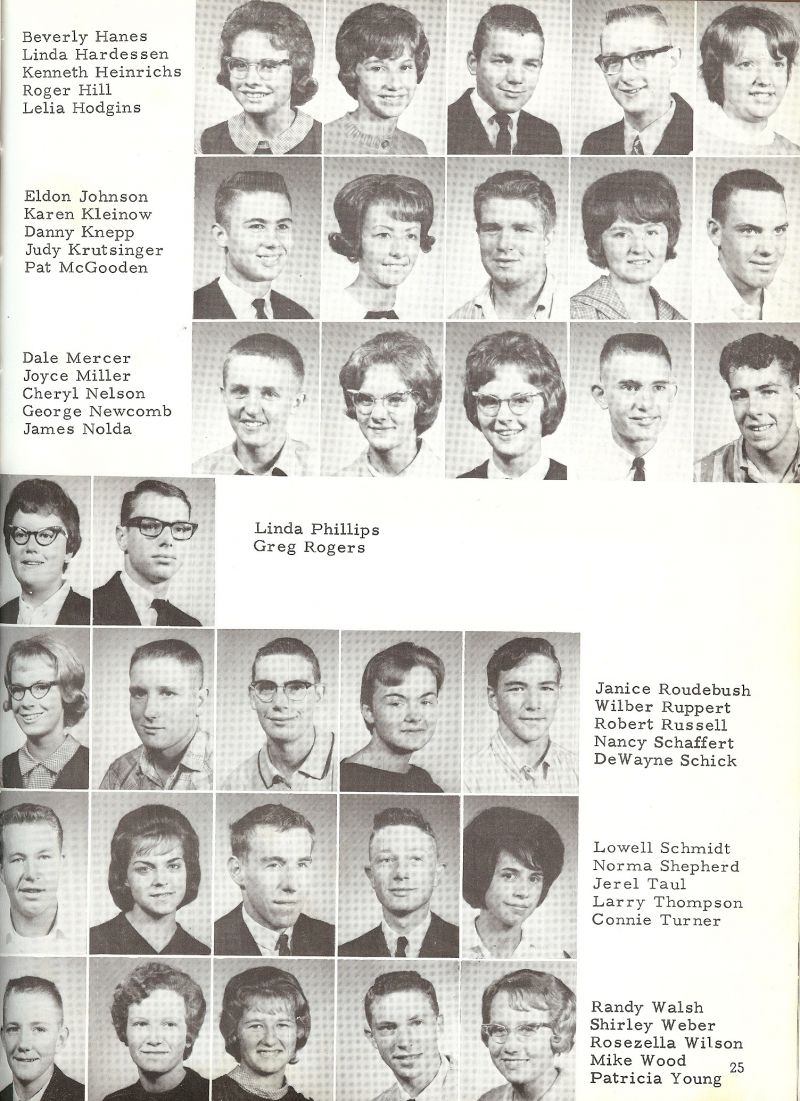 1965 Beverly Hanes, Linda Hardessen, Kenneth Heinrichs, Roger Hill, Lelia Hodgins, Eldon Johnson, Karen Kleinow, Danny Knepp, Judy Krutsinger, Pat McGooden, Dale Mercer, Joyce Miller, Cheryl Nelson, George Newcomb, James Nolda, Linda Phillips, Greg Rogers, Janice Roudebush, Wilber Ruppert, Robert Russell, Nancy Schaffert, DeWayne Schick, Lowell Schmidt, Norma Shepherd, Jerel Taul, Larry Thompson, Connie Turner, Randy Walsh, Shirley Weber, Rosezella Wilson, Mike Wood, Patricia Young