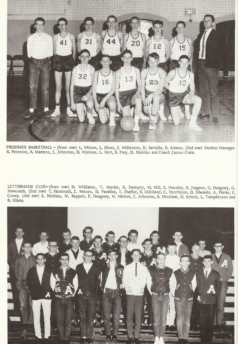1965 Freshman Basketball: Wilson, Elson, Wilkinson, Battelle, Adams, Peterson, Martens, Johnston, Wymore, Nutt, Frey, Nicklas, Coach James Coba. - Lettermans Club: Williams, Snyder, Dempcy, Hill, Housley, Jurgens, Heagney, Newcomb, Hummell, Nelsen, Farabee, Shaffer, Gilliland, Hutchison, Edwards, Don Edwards, Donald Edwards, Donnie Edwards, Porter, Covey, Nicklas, Ruppert, Heagney, Melton, Johnston, Hinshaw, Schick, Tompkinson, Glaze,   