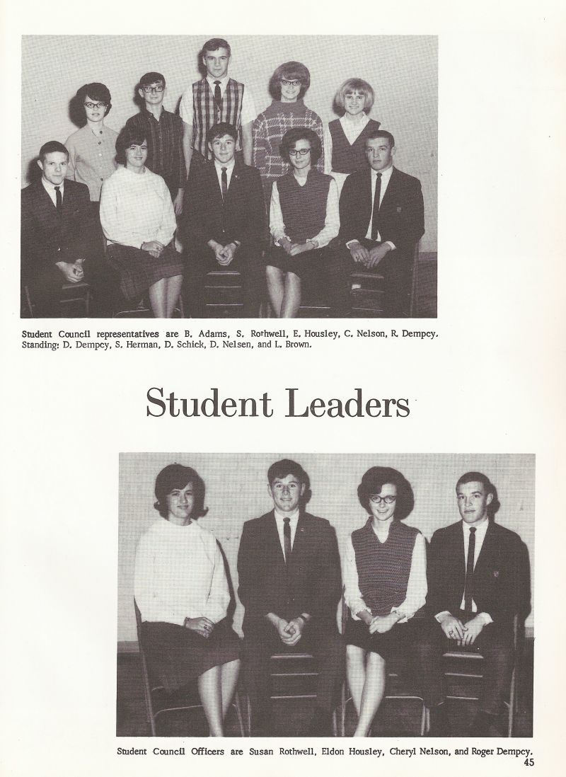 1966 Student Council: Adams, Rothwell, Housley, Nelson, Dempcy, Dempcy, Herman, Schick, Nelsen, Brown. Student Council Officers: Susan Rothwell, Eldon Housley, Cheryl Nelson, Roger Dempcy.  