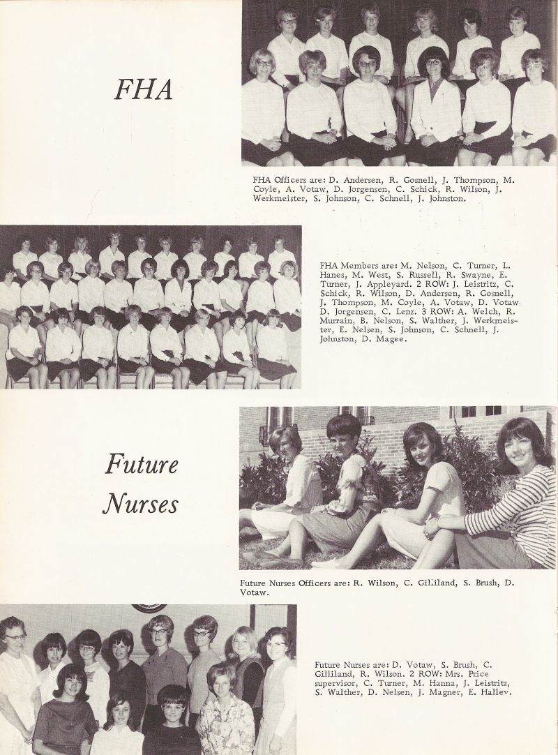 1967 Andersen, Gosnell, Thompson, Coyle, Votaw, Jorgensen, Schick, Wilson, Werkmeister, Johnson, Schnell, Johnston, Nelson, Turner, Hanes, West, Russell, Swayne, Turner, Appleyard, Leistritz, Schick, Wilson, Andersen, Gosnell, Thompson, Coyle, Votaw, Votaw, Jorgensen, Lenz, Welch, Murrain, Nelson, Walther, Werkmeister, Nelsen, Johnson, Schnell, Johnston, Magee, Wilson, Gilliland, Brush, Votaw, Brush, Gilliland, Wilson, Mrs. Price, Turner, Hanns, Judi Leistritz, Walther, Nelson, Magner, Halley.