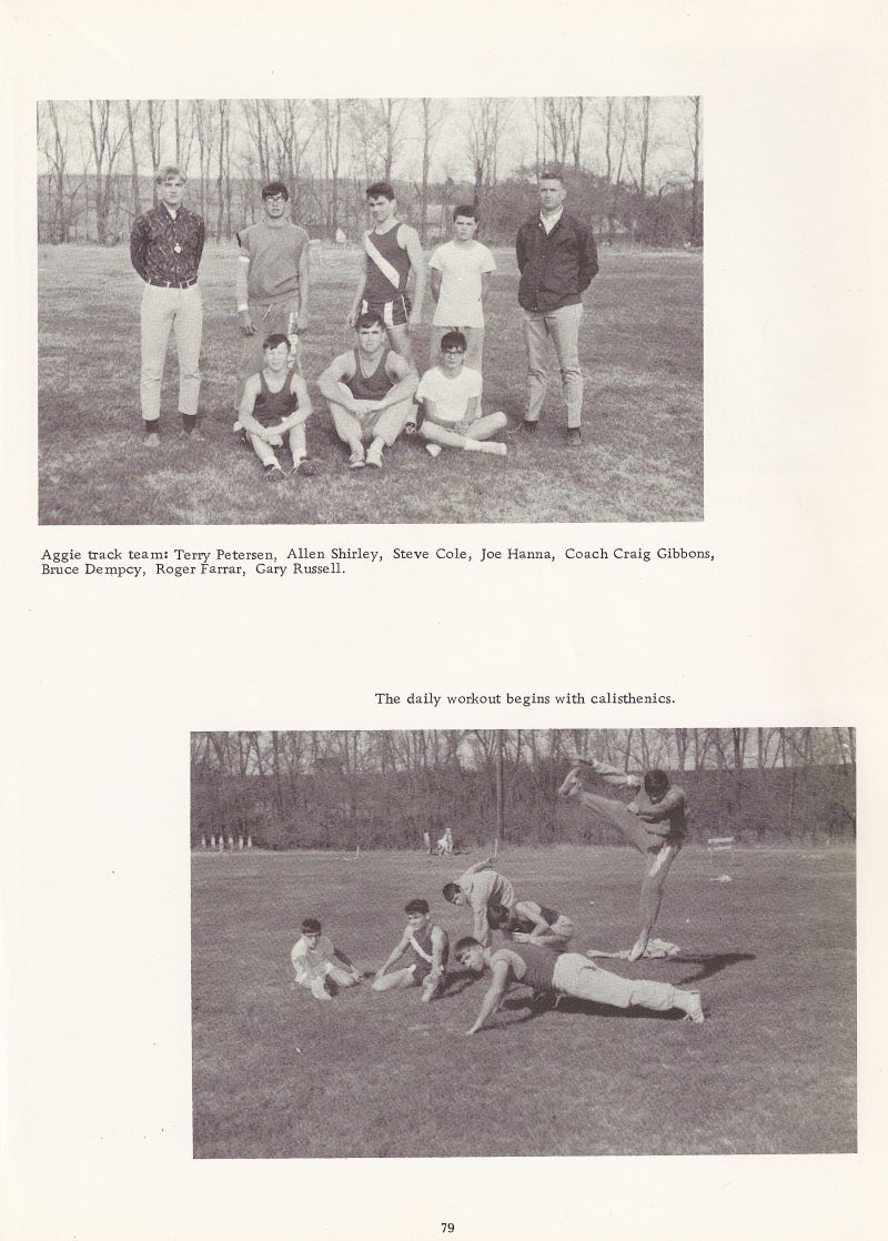 1967 Terry Petersen, Allen, Shirley, Steve Cole, Joe Hanna, Coach Craig Gibbons, Bruce Dempcy, Roger Farrar, Gary Russell.  