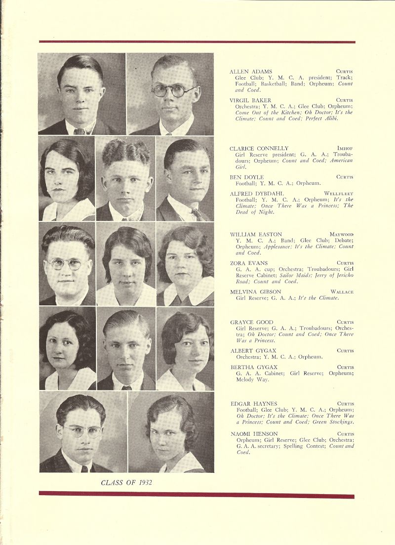 1932 Allen Adams, Virgil Baker, Clarice Connelly, Ben Doyle, Alfred Dybdahl, William Easton, Zora Evans, Melvina Gibson, Grayce Good, Albert Gygax, Bertha Gygax, Edgar Haynes, Naomi Henson,