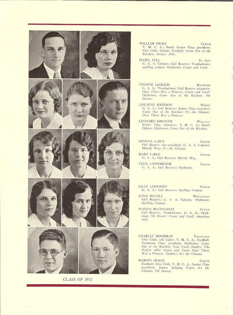 1932 William Hicks, Hazel Hill, Yvonne Jackson, Goldene Johnson, Leonard Kreuger, Geneva LaRue, Mary LaRue, Veda Linnemeyer, Lilly Lofkwist, Edna McCall, Wanda McConahay, Charley Moosman, Marion Olson,