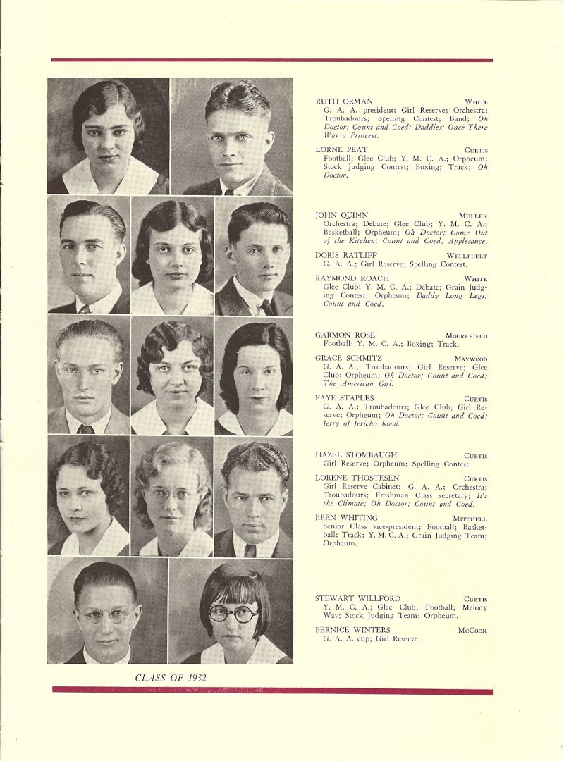 1932 Ruth Orman, Lorne Peat, John Quinn, Doris Ratliff, Raymond Roach, Garmon Rose, Grace Schmitz, Faye Staples, Hazel Stombaugh, Lorene Thostesen, Eban Whiting, Stewart Willford, Bernice Winters,