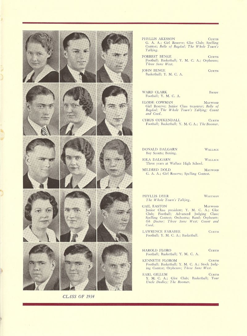 1934 Phyllis Akesson, Forrest Benge, John Benge, Ward Clark, Eloise Cowman, Cyrus Coykendall, Donald Dalgarn, Iola Dalgarn, Mildred Dold, Phyllis Dyer, Gail Easton, Lawrence Farabee, Harold Floro, Kenneth Florom, Earl Gillum,