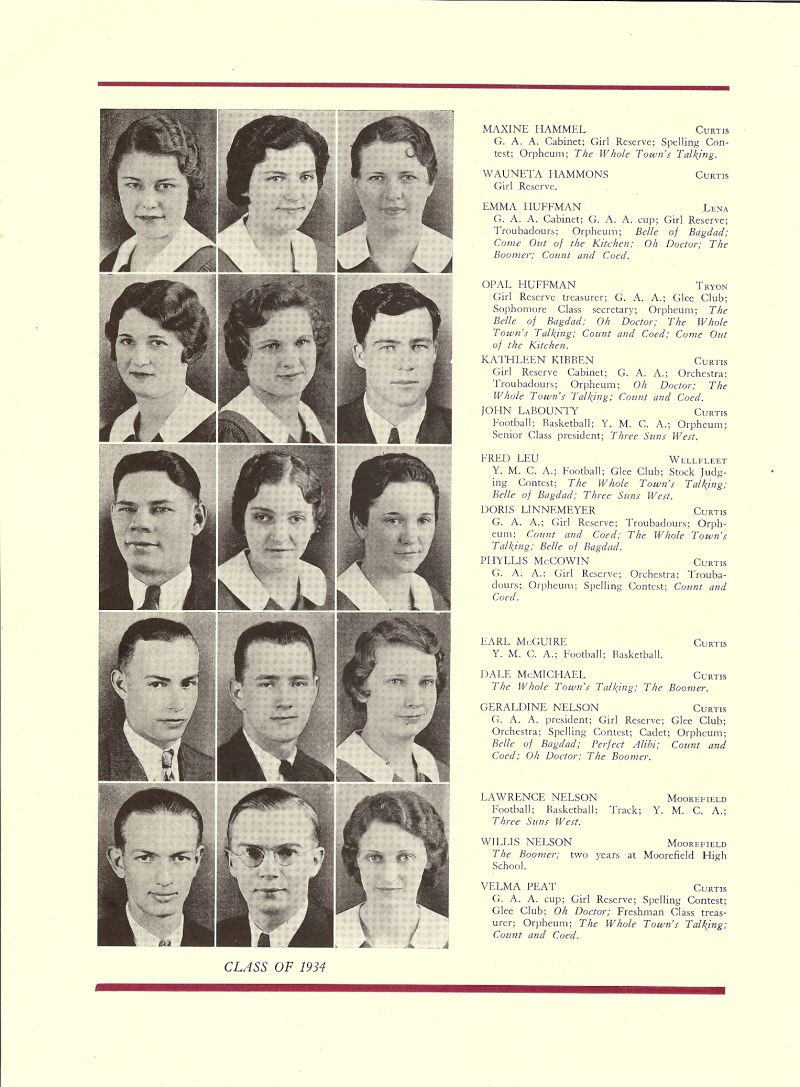 1934 Maxine Hammel, Wauenta Hammons, Emma Huffman, Opal Huffman, Kathleen Kibben, John LaBounty, Fred Leu, Doris Linnemeyer, Phyllis McCowin, Earl McGuire, Dale McMichael, Geraldine Nelson, Lawrence Nelson, Willis Nelson, Velma Peat,