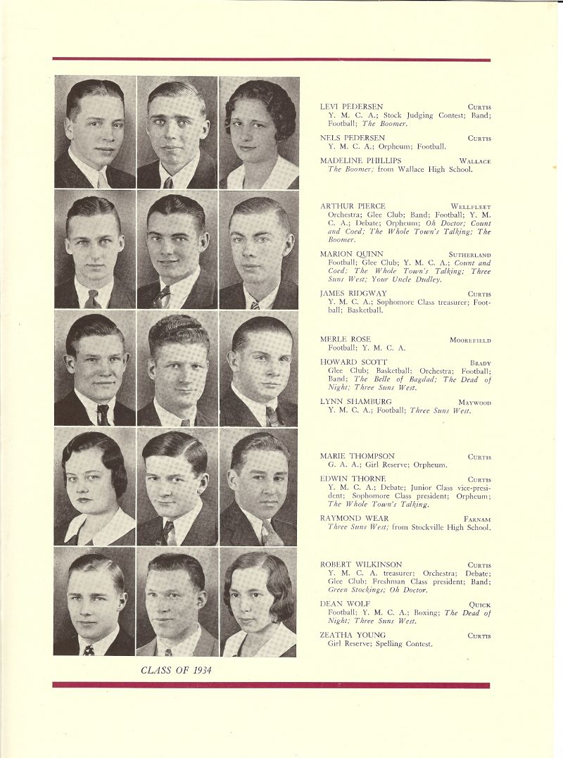 1934 Levi Pedersen, Nels Pedersen, Madeline Phillips, Arthur Pierce, Marion Quick, James Ridgway, Merle Rose, Howard Scott, Lynn Shamburg, Marie Thompson, Edwin Thorne, Raymond Wear, Robert Wilkinson, Dean Wolf, Zeatha Young,