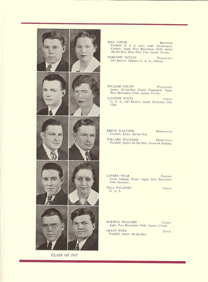 1937 Max Towne, Dorothy Tuttle, William Votaw, LaVonne Waits, Bruce Walther, Willard Walther, Lavern Wear, Ella Willford, Maurice Williams, Grant Wolf,