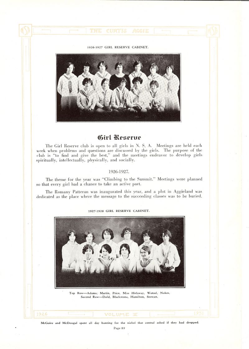 Volume_III Dorothy Adams, Helen Martin, Opal Price, Sponsor Belle Holaway. Freda Schafer, (Freda Wetzel), Bernice Nokes, Helen Dold, Hollis Blackstone, Ethel Hamilton, Katherine Stewart, 