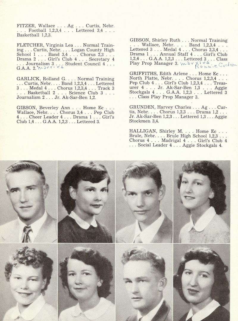 1953 SENIOR CLASS OF 1953: Wallace Fitzer, Virginia Fletcher, Rolland Garlick, Beverley Gibson, Shirley Gibson, Edith Griffiths, Harvey Grunden, Shirley Halligan,