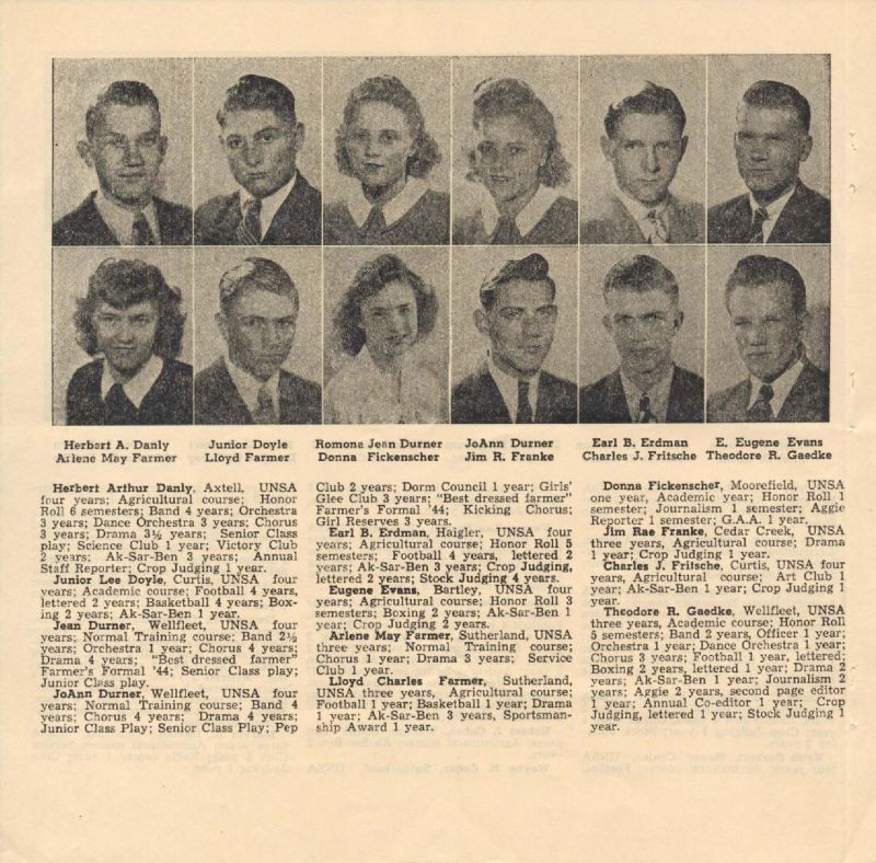 1946 Herbert Danly, Arlene Farmer, May Farmer, Junior Doyle, LLoyd Farmer, Ramona Durner, Jean Durner, Donna Fickenscher, JoAnn Durner, Jim Franke, Earl Erdman, Charles Fritsche, Eugene Evans, Theodore Gaedke,