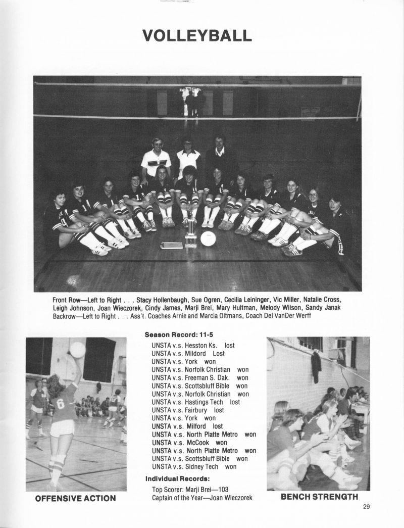 1980 Stacy Hollenbaugh, Stacey Hollenbaugh, Sue Ogren, Cecilia Leininger, Vic Miller, Natalie Cross, Leigh Johnson, Joan Wieczorek, Cindy James, Marji Brei, Mary Hultman, Melody Wilson, Sandy Janak, Arnie Oltmans. Marcia Oltmans. Del Van Der Werff. Dell VanDer Werff. 