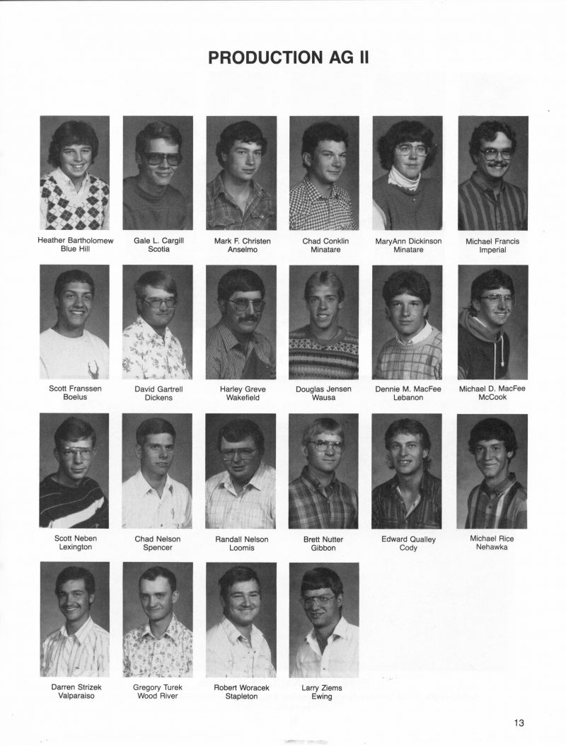 1987 Heather Bartholomew, Gale Cargill, Mark Christen, Chad Conklin, Mary Ann Dickinson,  MaryAnn Dickinson, Mary Dickinson, Michael Francis, Scott Franssen, David Gartrell, Harley Greve, Douglas Jensen, Dennie MacFee, Michael Macfee, Scott Neben, Chad Nelson, Randall Nelson, Brett Nutter, Edward Qualley, Michael Rice, Darren Strizek, Gregory Turek, Robert Woracek, Larry Ziems,
