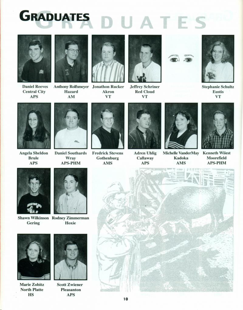1999 Daniel Reeves, Dan Reeves, Anthony Rolfsmeyer, Jonathon Rucker, Jeffrey Schriner, Stephanie Schultz, Angela Sheldon, Daniel Southards, Fredrick Stevens, Adren Uhlig, Michelle Vander May, Michelle VanderMay, Kenneth Wiiest, Shawn Wilkinson, Rodney Zimmerman, Marie Zobitz, Scott Zwiener,