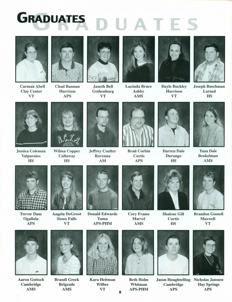 1999 Carman Abell, Chad Bannan, Janeth Bell, Lucinda Bruce, Dayle Buckley, Joseph Buechman, Jessica Coleman, Wilma Copper, Jeffrey Coulter, Brad Corbin, Darren Dale, Tana Dale, Trevor Dam, Angela Degroot, Donald Edwards, Cory Frame, Shalene Gill, Brandon Gosnell, Aaron Gottsch, Brandi Greek, Kara Heitman, Beth Holm, Jason Houghtelling, Nickolas Janssen, 