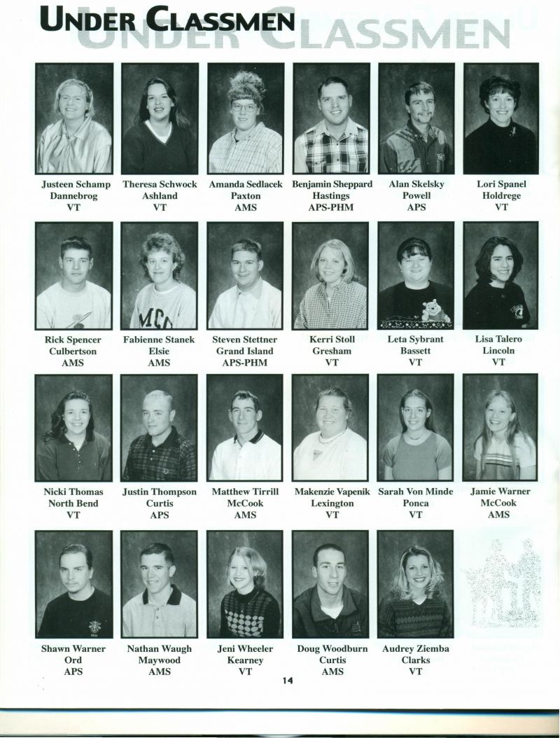 1999 Justeen Schamp, Theresa Schwock, Amanda Sedlacek, Benjamin Sheppard, Alan Skelsky, Lori Spanel, Rick Spencer, Fabienne Stanek, Steven Stettner, Kerri Stoll, Leta Sybrant, Lisa Talero, Nicki Thomas, Justin Thompson, Mtthew Tirrell, Makenzie Vapenik, Sarah Von Minde, Jamie Waner, Shawn Warner, Nathan Waugh, Doug Woodburn, Audrey Ziemba, 