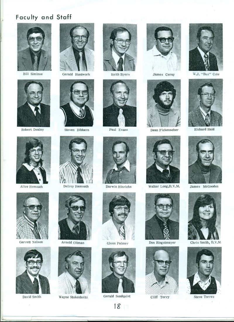 1975 Bill Siminoe, Gerald HUntwork, Keith Byers, James Cerny, W.J. "Buz" Cole, Robert Dealey, Steven Dibbern, Paul Evans, Dean Fickenscher, Richard Hald, Alice Hemsath, Delroy Hemsath, Darwin Hinrichs, Walter Long, DVM., James McGooden, Garrett Nelson, Arnold Oltman, Glenn Palmer, Don Ringstmeyer, Chris Smith, DVM., Dave Smith, Wayne Stukenholtz, Gerlad Sundquist, CLiff Terry, & Steve Torrez.  