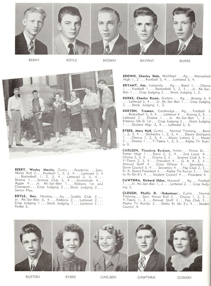 1949 Wesley Berry, Don Boyle, Dan Boyle, Charley Brown, Charles Brown, Jim Bryant, Charles Burke, Truman Burton, Mary Bybee, Theodora Carlson, Richard Cawthra, Phyllis Clough, Phyllis Robertson,