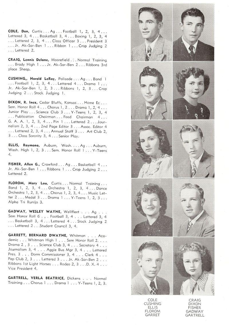 1949 Don Cole, Lennis Craig, Harold Cushing, Inez Dixon, Raymona Ellis, Allen Fisher, MaryLou Florom, Wesley Gadway, Bernard Garrett, Verla Gartrell,