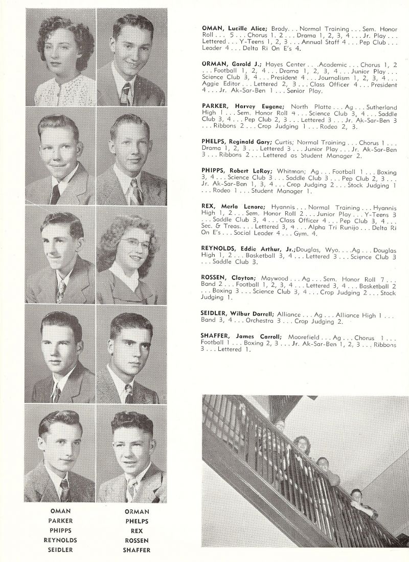 1949 Lucille Oman, Garold Orman, Harvey Parker, Reginald Phelps, Reginold Phelps, Bud Phelps, RG Phelps, Robert Phipps, Merla Rex, Eddie Reynolds, Clayton Rossen, Wilber Seidler, James Shaffer,