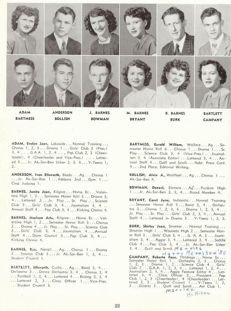 1950 Evelyn Adam, Ivan Anderson, Janita Barnes, Murleen Barnes, Rex Barnes, Ellsworth Bartlett, Gerald Bartmess, Alvin Bollish, Donzel Bowman, Carol Bryant, Shirley Burk, Roberta Campbell,
