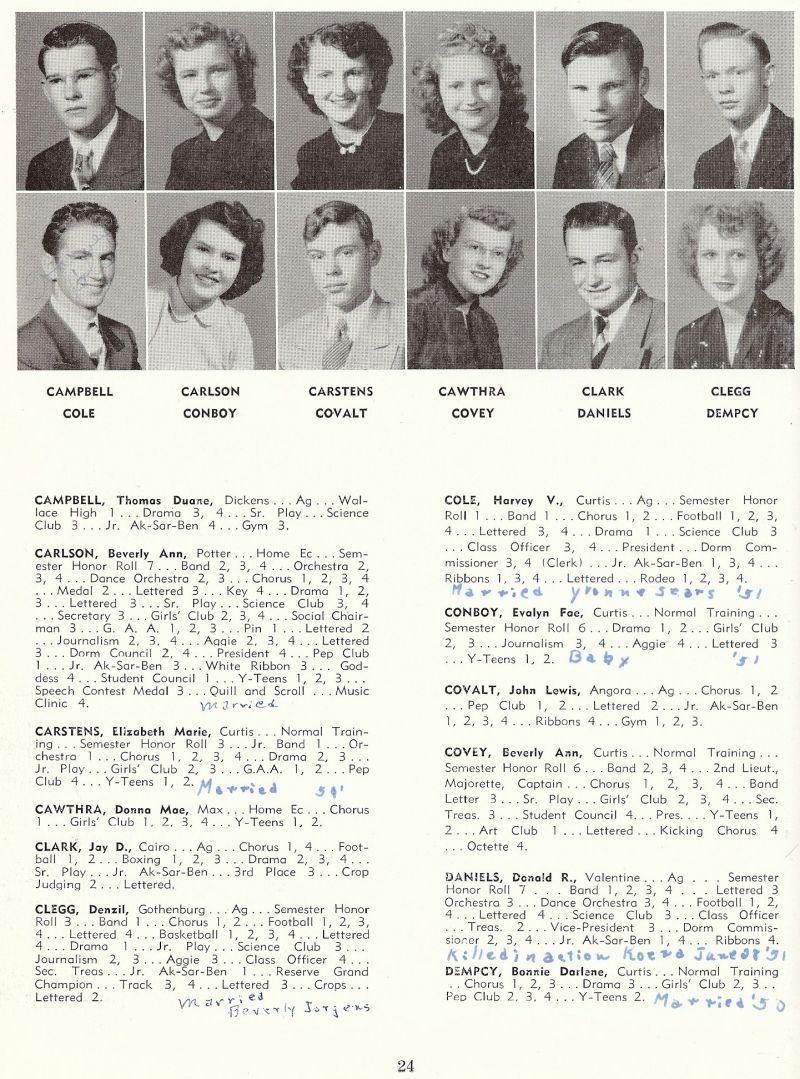 1950 Thomas Campbell, Beverley Carlson, Elizabeth Carstens, Donna Cawthra, Jay Clark, Denzil Clegg, Harvey Cole, Evalyn Conboy, John Covalt, Beverly Covey, Donna Daniels, Bonnie Dempcy,