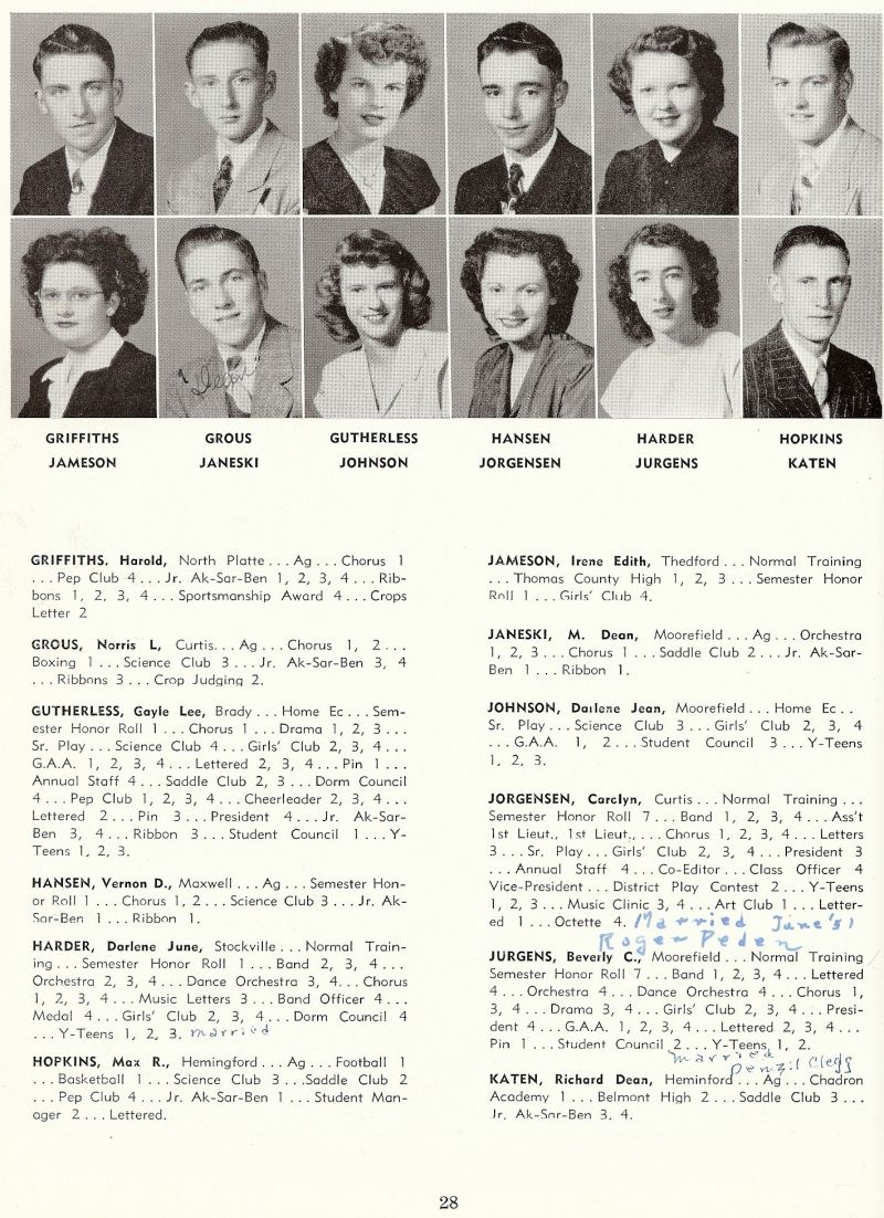 1950 Harold Griffiths, Norris Grous, Gayle Gutherless, Vernon Hansen, Darlene Harder, Max Hopkins, Irene Jameson, Dean Janeski, Darlene Johnson, Carolyn Jorgensen, Beverley Jurgens, Richard Katen,