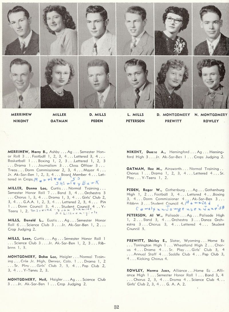 1950 Harry Merrihew, Donna Miller, Donald Mills, Leon Mills, Delsa Montgomery, Neil Montgomery, Duane Nikont, Iloe Oatman, Roger Peden, Al Oeterson, Shirley Prewitt, Norma Rowley, 